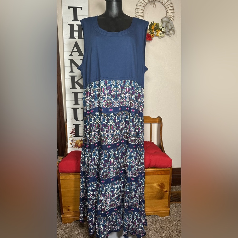 Maxi Dress 2X Paisley Full Flowing Tiered Blue Sleeveless New The Paragon